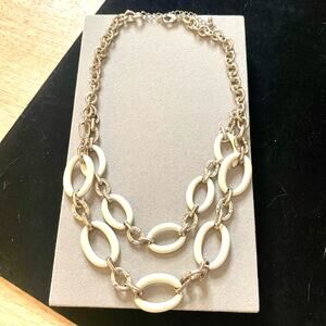 Oval Links Silver Tone White Enamel Link Chain Layered Necklace